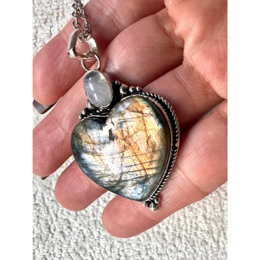 925 Ancient Light Gold Flash Labradorite + Moonstone Heart Necklace