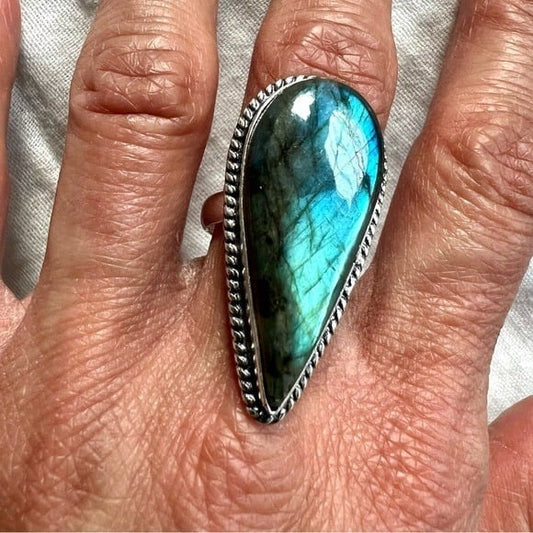 925 OMG! BRIGHT AQUA Flash Labradorite Ring 8