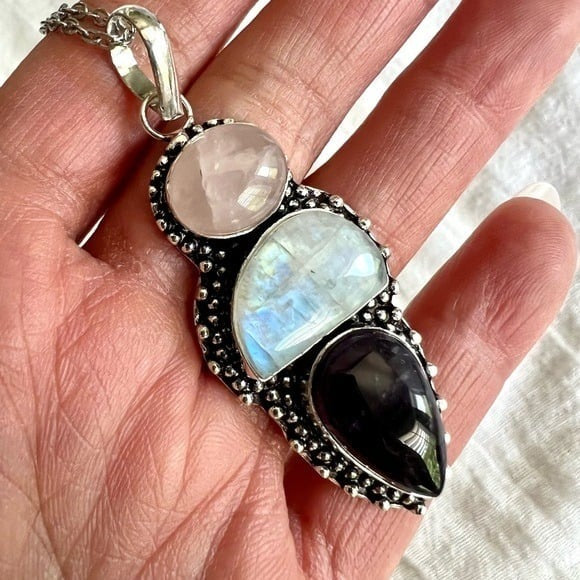 925 Amazing Flash Moonstone! + Rose Quartz + Amethyst Necklace Pendant