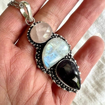 925 Amazing Flash Moonstone! + Rose Quartz + Amethyst Necklace Pendant