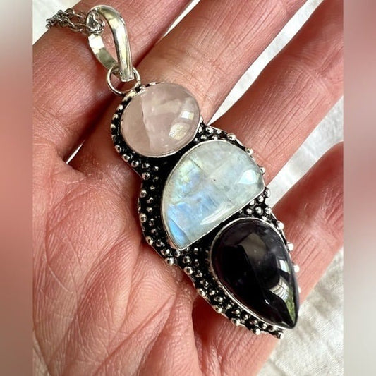 925 Amazing Flash Moonstone! + Rose Quartz + Amethyst Necklace Pendant