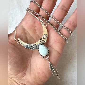 925 Mystical PALE Caribbean LARIMAR Sun + Moon Pendant Necklace