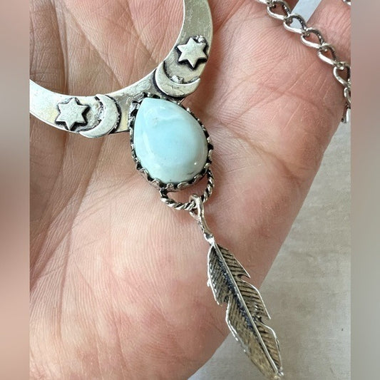 925 Mystical PALE Caribbean LARIMAR Sun + Moon Pendant Necklace