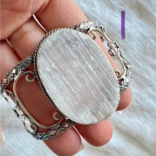 925 Raw Selenite Crystal Charging Cuff Bracelet