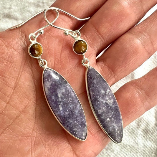 925 Galaxy Lepidolite + Tigers Eye Marquis Earrings