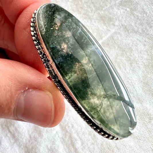 925 Elegant Long Moss Agate Ring 10