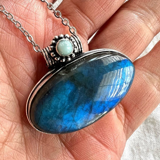 925 Royal BLUE Flash Labradorite + Larimar Pendant Necklace