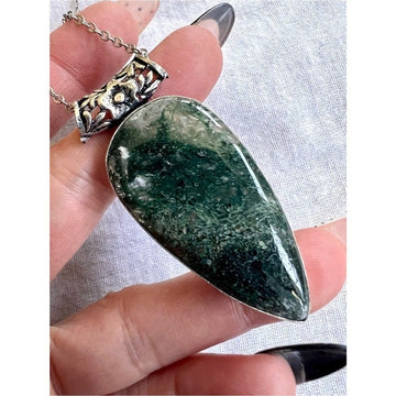 925 HUGE! Earth Stone Moss Agate Pendant Necklace