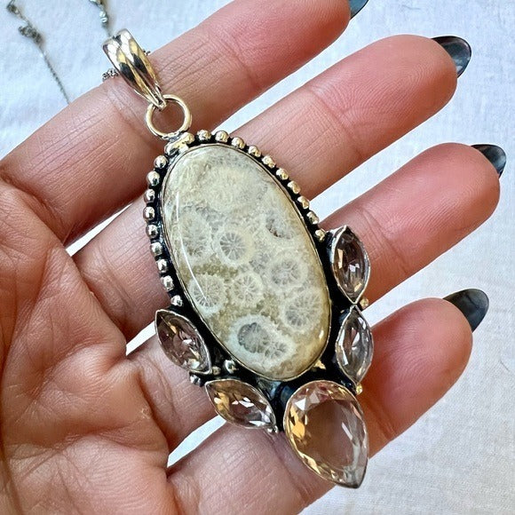 925 OMG OMG! Petoskey Stone Fossil + Morganite Pendant Necklace