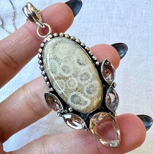 925 OMG OMG! Petoskey Stone Fossil + Morganite Pendant Necklace