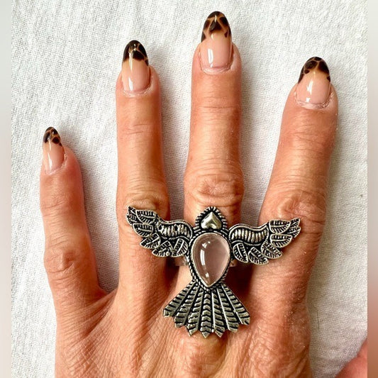 925 Peace Dove Rose Quartz Love Bird Ring 7.5