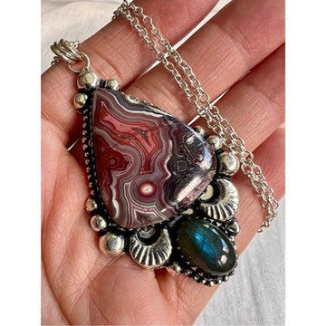 925 WOW WOW! Crazy Lace Agate + Blue Flash Labradorite Pendant Necklace