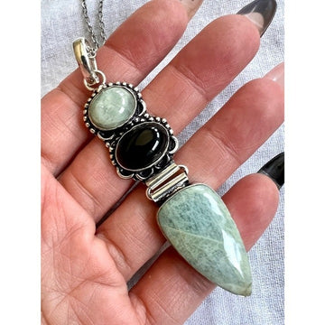 925 AQUAMARINE + ONYX! Protection Pendant Necklace