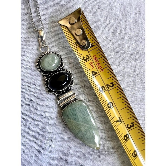 925 AQUAMARINE + ONYX! Protection Pendant Necklace
