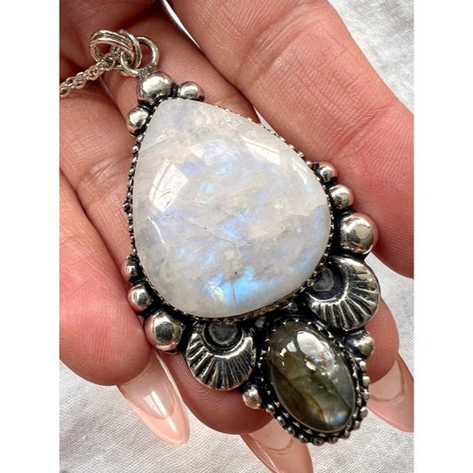 925 OOAK! GORGEOUS Rainbow Flash Moonstone + Labradorite Necklace Pendant