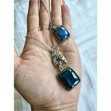 925 ROYAL BLUE FLASH Double Labradorite  Pendant Necklace