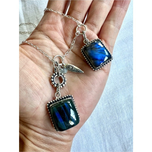 925 ROYAL BLUE FLASH Double Labradorite  Pendant Necklace