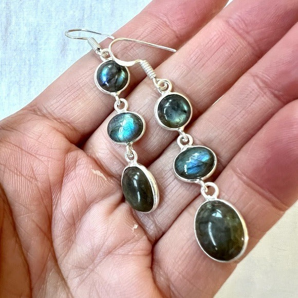 925 Long Dangly Flash Labradorite Earrings