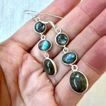 925 Long Dangly Flash Labradorite Earrings
