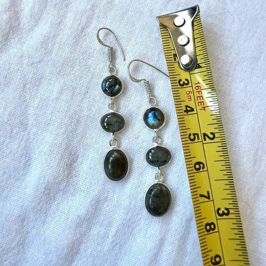 925 Long Dangly Flash Labradorite Earrings