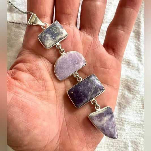 925 Long Gorgeous 4 Stone Lepidolite Pendant Necklace