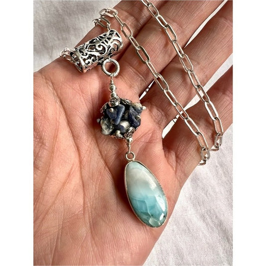 925 Dynamic Duo! Caribbean Larimar + Spiritual Sodalite Pendant Necklace