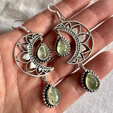 925 LUNA MOON Moss Prehnite Crescent Moon Earrings