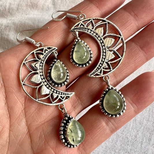 925 LUNA MOON Moss Prehnite Crescent Moon Earrings