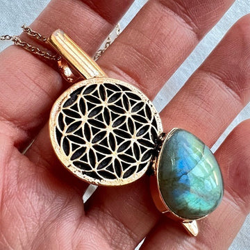 Copper Plated Flower of Life FLASH Labradorite Pendant Necklace