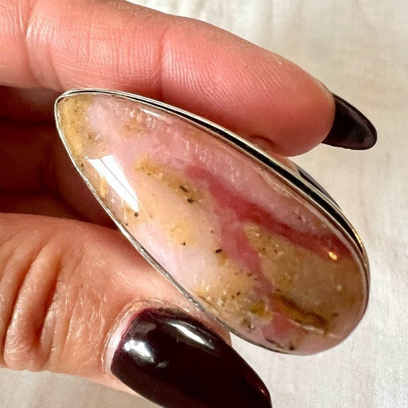 925 Peruvian Pink Opal Long Teardrop Ring 9