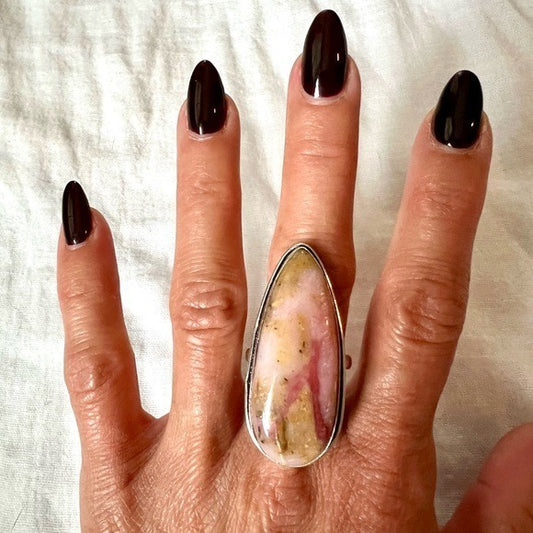 925 Peruvian Pink Opal Long Teardrop Ring 9