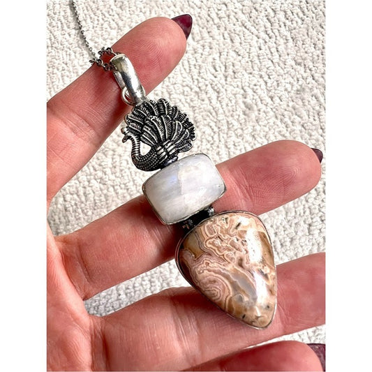 925 Peacock Moonstone + Crazy Lace Agate Pendant Necklace