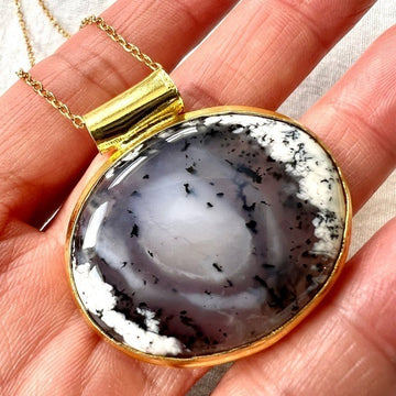 18k Gold Overlay Dendritic Agate Portal Pendant Necklace