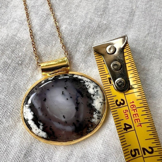 18k Gold Overlay Dendritic Agate Portal Pendant Necklace