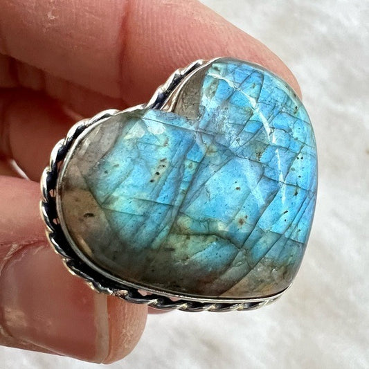925 Aqua Flash Labradorite ❤️ Heart Ring 10