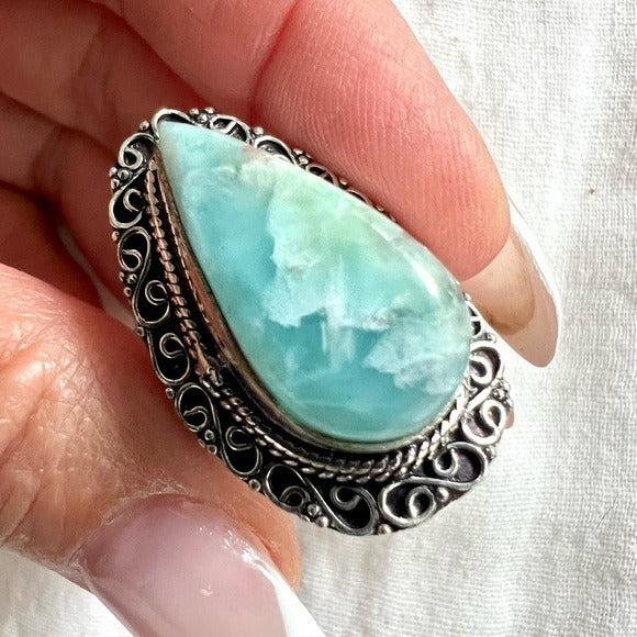 925 WOW! Beautiful Ornate Caribbean Larimar Ring 7.25