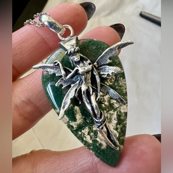 925 Earth Stone Moss Agate FAIRY Pendant Necklace