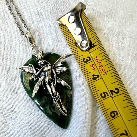 925 Earth Stone Moss Agate FAIRY Pendant Necklace