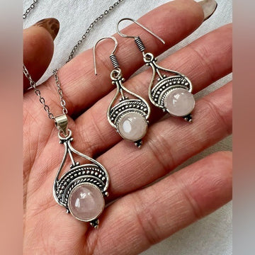 925 Rose Quartz Love Necklace + Earrings SET