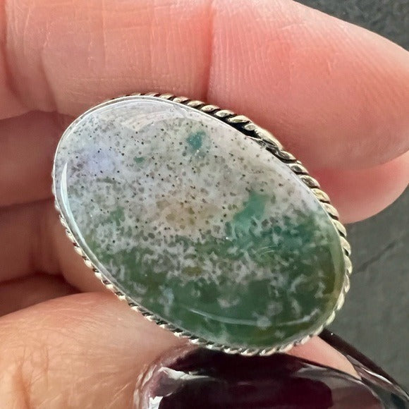 925 Simple Dark MOSS AGATE Ring 9.75
