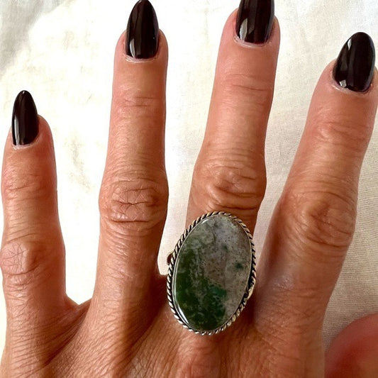 925 Simple Dark MOSS AGATE Ring 9.75