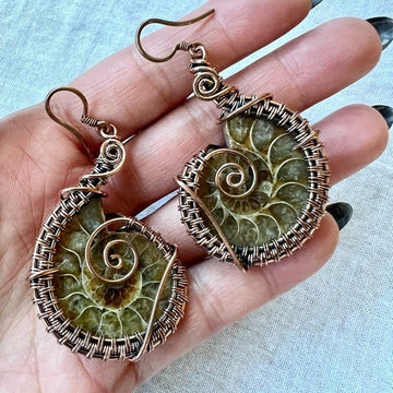 Artisan Copper Wire Wrapped AMMONITE Earrings