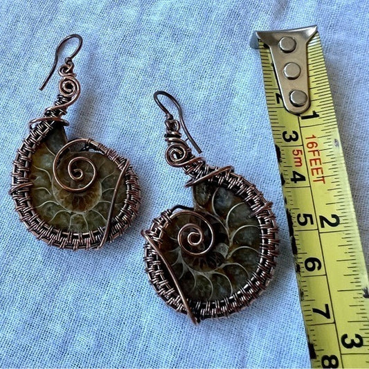 Artisan Copper Wire Wrapped AMMONITE Earrings