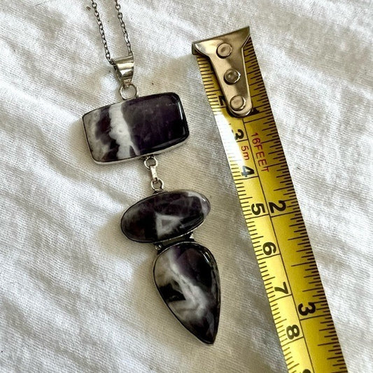 925 Huge! Triple Chevron Amethyst Pendant Necklace