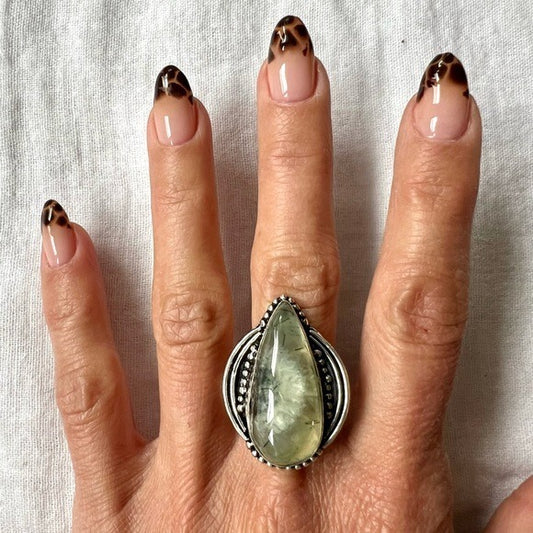 925 Moss Prehnite Heart Chakra Ring 7.75 8