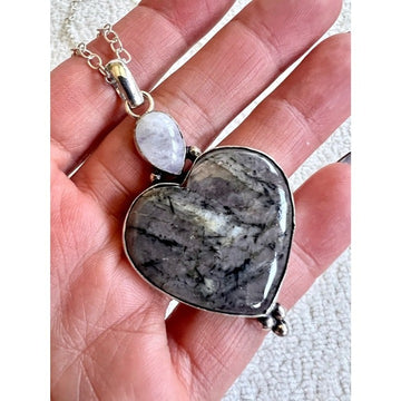 925 Higher Heart ❤️ Rhodonite + Flash Moonstone Pendant Necklace