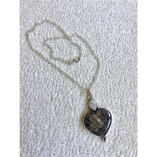 925 Higher Heart ❤️ Rhodonite + Flash Moonstone Pendant Necklace