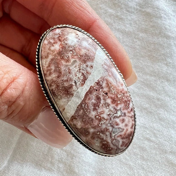 925 Massive Red Convoluted Jasper w/ Quartz Ring 8.25