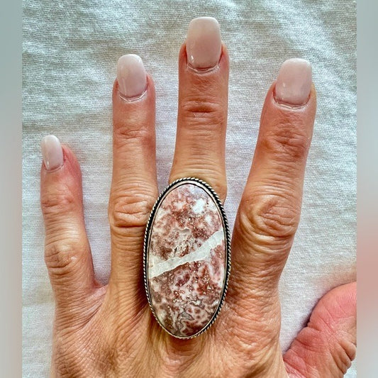 925 Massive Red Convoluted Jasper w/ Quartz Ring 8.25