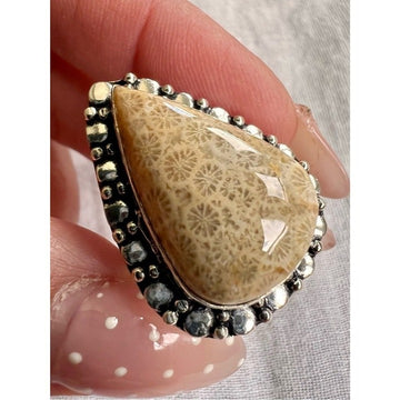 925 Spirit Ancestors Agatized Fossil Coral Ring 7.75